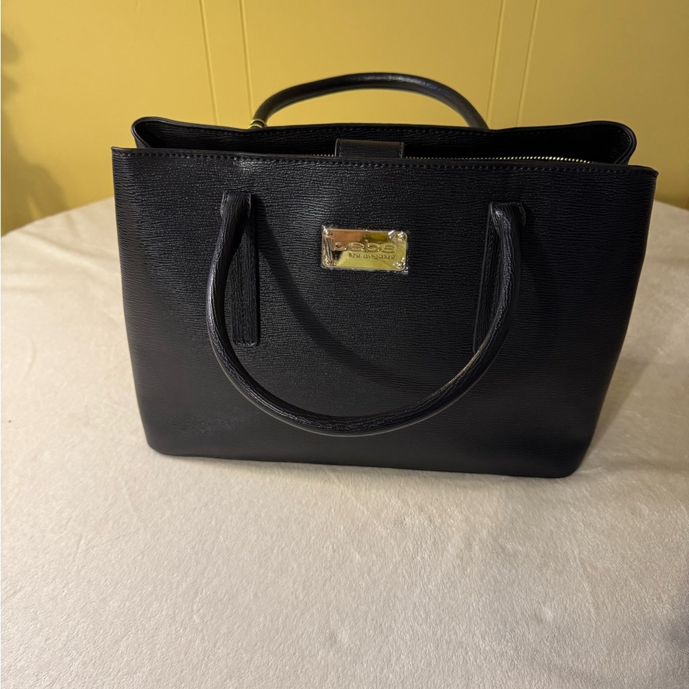 bebe Black Structured Satchel with Gold Plaque